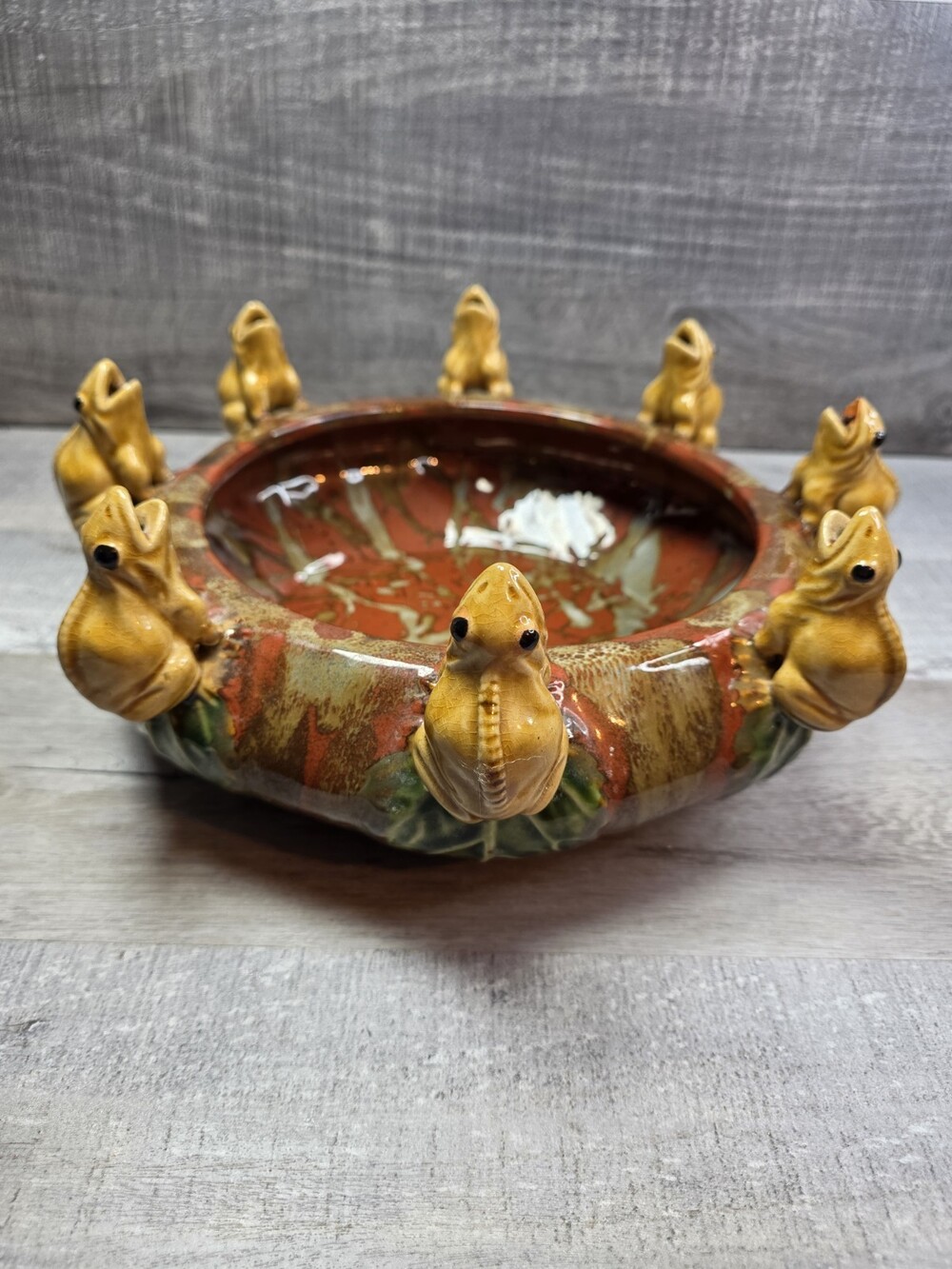 MAJOLICA Lily Pond Frog Ceramic Bowl Art Pottery Unique Vtg Pottery 11" b162